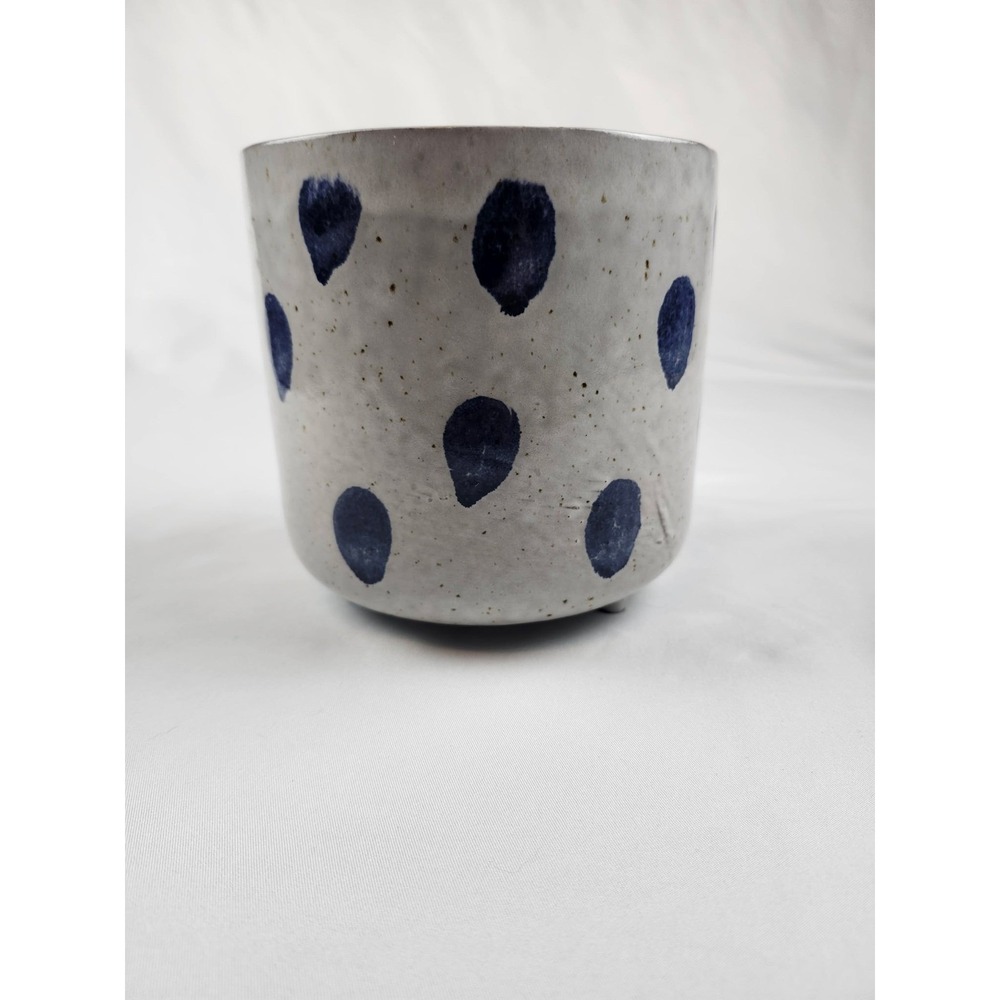 Portugal Terracota Blue Polka Dot Speckled Glazed Footed Ceramic Planter Pot 5in